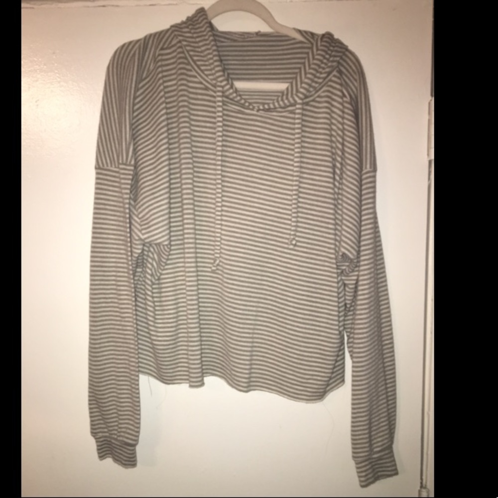 Olive and white striped cropped hoodie